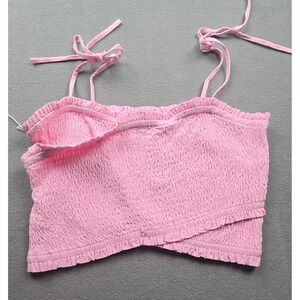 Wishlist Apparel Pink Smocked Linen‎ Blend Ruffle Tie Strap Crop Top LARGE